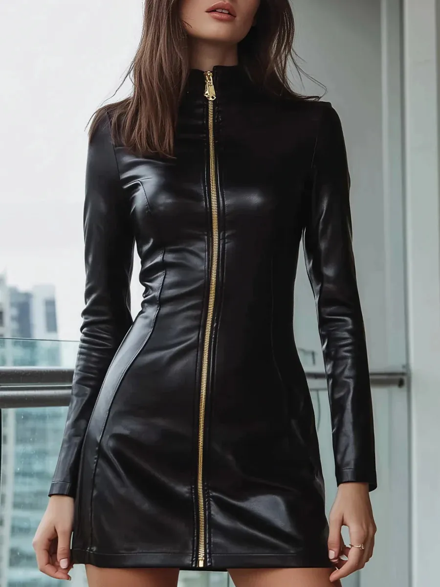 Robe Mini en Cuir PU Luisant Sexy pour Femmes Manches Longues Bodycon Party Club Avec Fermeture Éclair Avant Robe Soirée