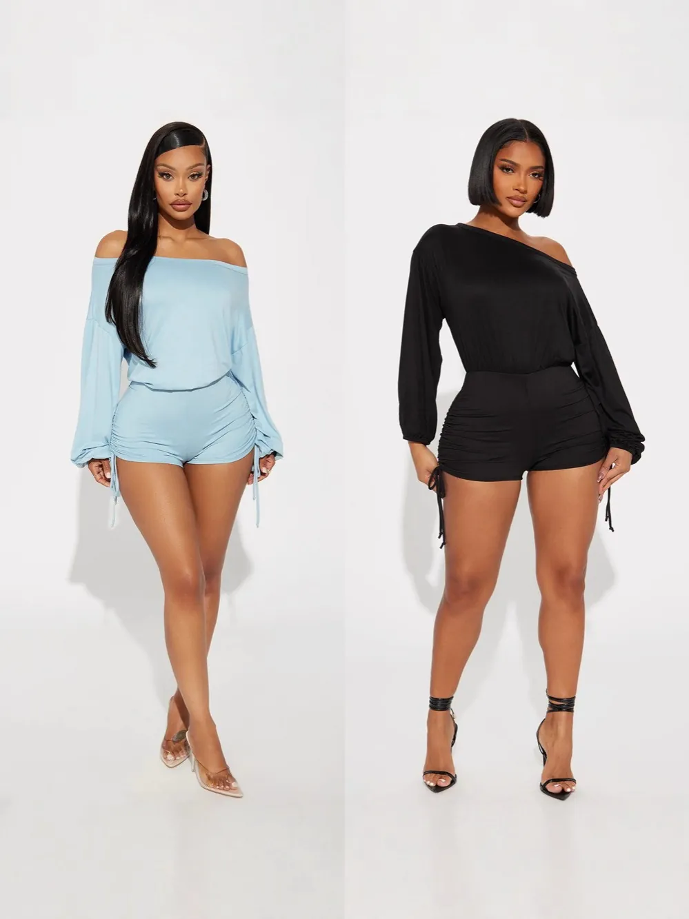 Women Fashion Polyester Off Shoulder Long Sleeve Romper Ruched Drawstring Tight Fit Jumpsuit Top And Bottom Clubwear
