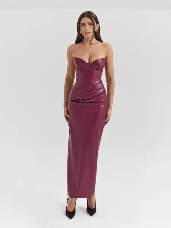 Vestito Maxi Bodycon in Pelle PU Sexy Donna Arricciato Stringato Schiena Abito da Sera Spacco Banchetto Socialite Clubwear