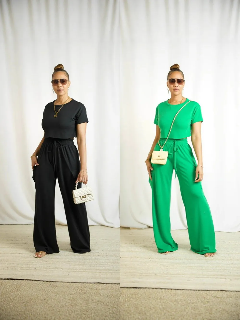 Women Top And Bottom Fashion Casual Short Sleeve Crop Top High Waist Cargo Wide Leg Pants Polyester Knitted Streetwear Outfit