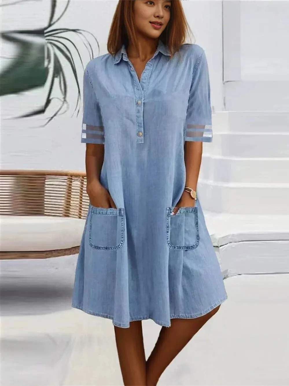Women Light Blue Washed Denim Shirt Dress Mesh Patchwork Short Sleeve Casual A-Line Midi Dress With Pockets Top And Bottom