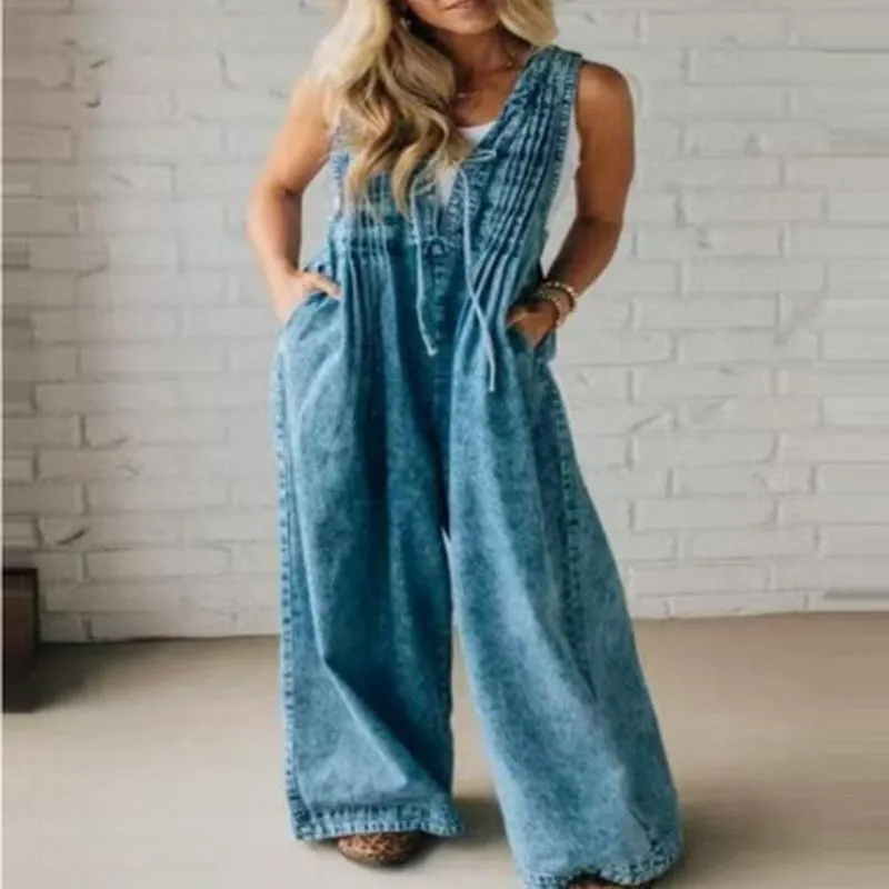 Women Sleeveless Pleated Washed Denim Jumpsuit Streetwear Style Wide Leg Romper With Side Pockets Casual Sky Blue Overall