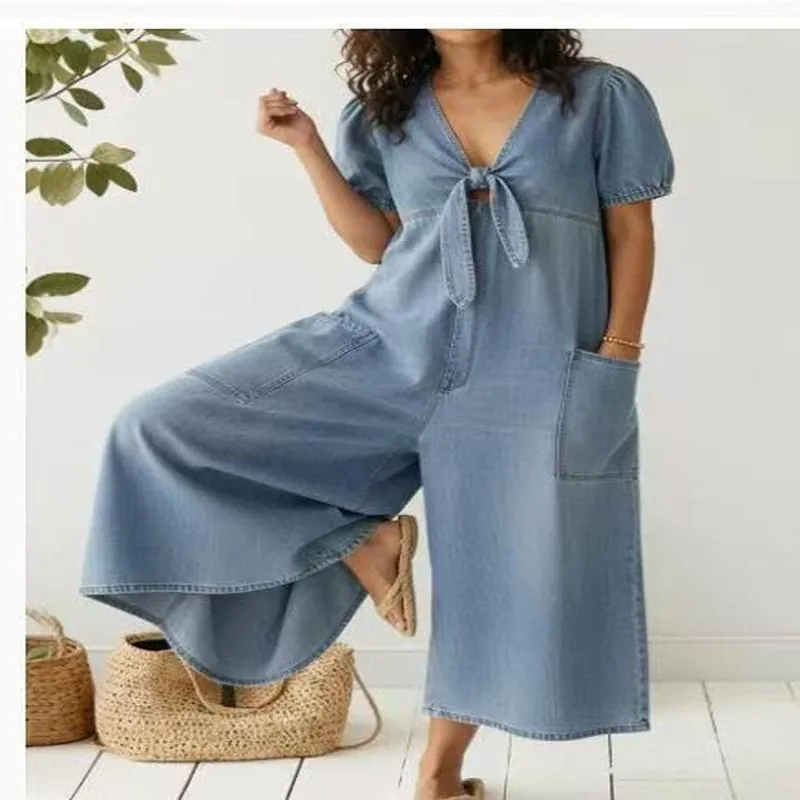 Women Casual Denim Jumpsuit V-Neck Short Sleeve Loose Wide Leg Romper With Pockets Summer Fashion Washed Polyester One Piece Outfit