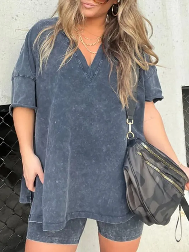 Ensemble Deux Pièces Femme Col en V Imprimé Faux Denim Casual Top And Bottom Short de Cyclisme Taille Haute Coupe Ajustée