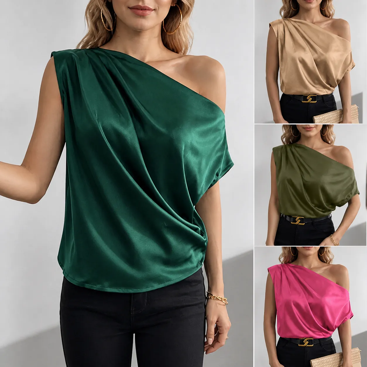 Women Elegant Satin Polyester One Shoulder Sleeveless Blouse Solid Color Slim Fit Off Shoulder Pullover Top For Party Casual