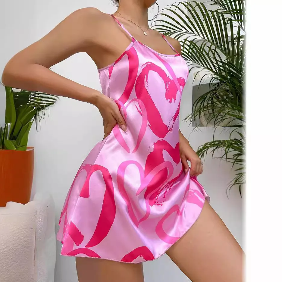 Robe à Bretelles Sexy en Satin Dos Nu pour Femmes Nuisette Mini Été Imprimé Cœur Rose Soie d'Imitation Top