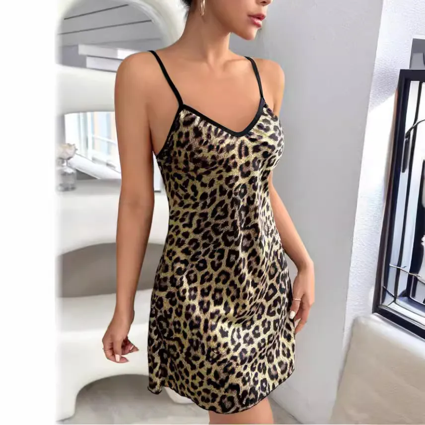Damen Sexy Rückenfreies Satin Unterhemd Top Leopardenmuster Blumen Schlafanzug Sommer Ärmelloses Eisseide Homewear Top