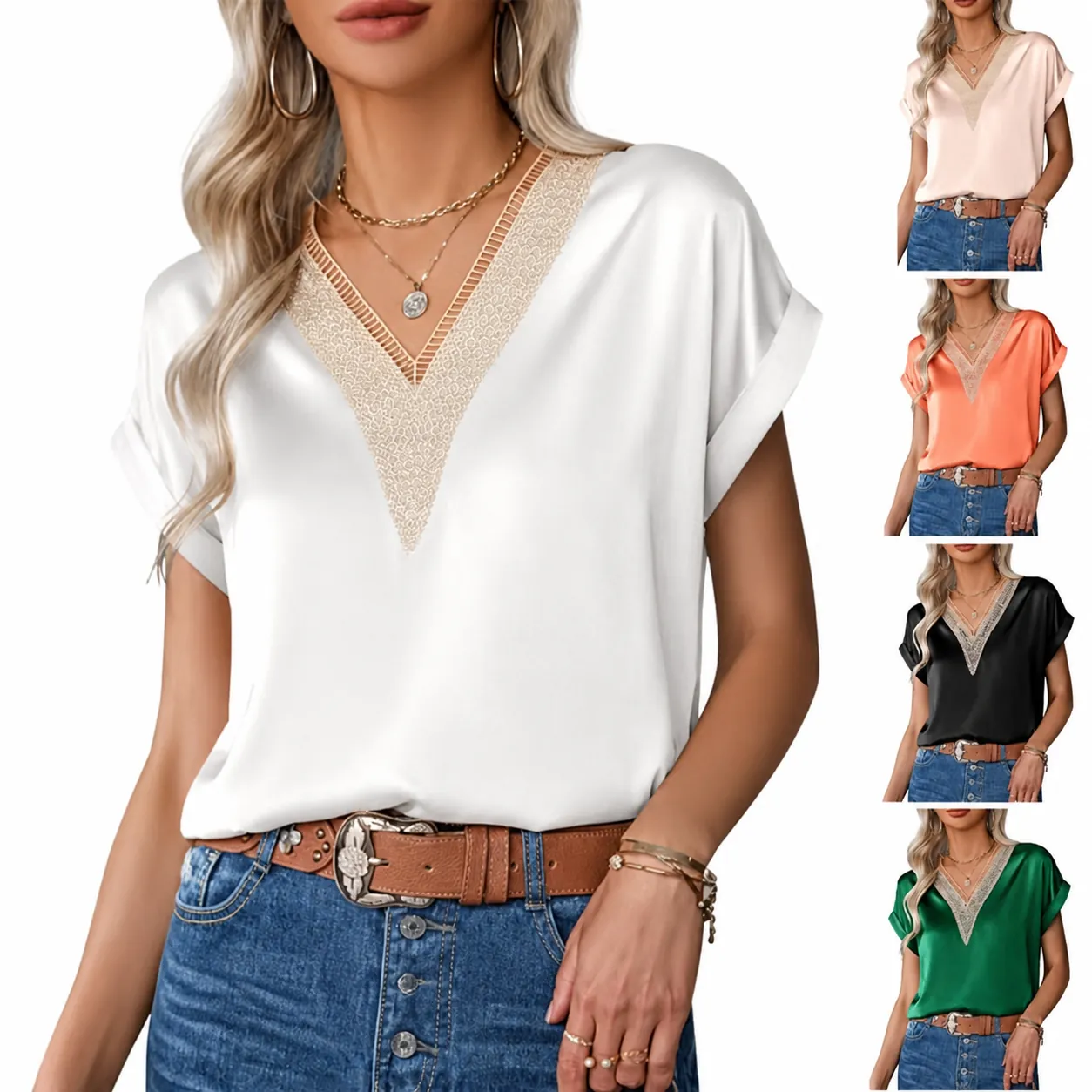 Damen Elegant Satin V-Ausschnitt T-Shirt Spitze Patchwork Lockere Kurzarm Top Pendler Stil Einfarbig Polyester Satin Bluse