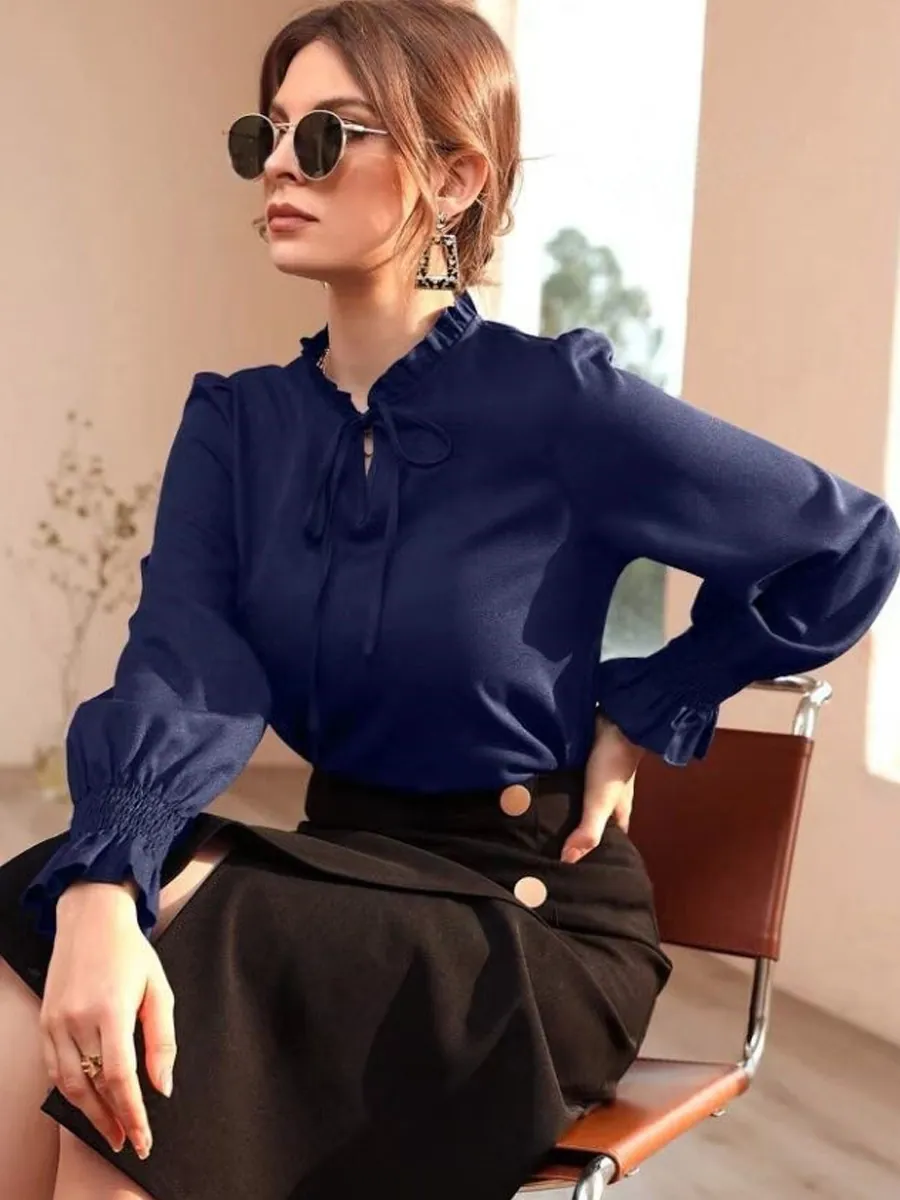Women Elegant Satin Blouse Ruffle Stand Collar Tie Neck Long Flare Sleeve Polyester Shirt Solid Color Commuter Top