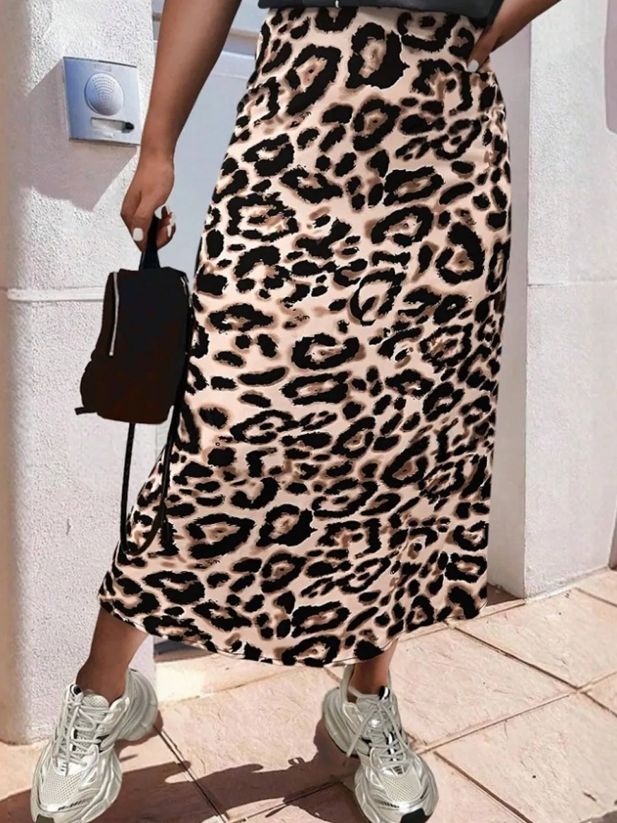 Damen Sexy Leopardenmuster Satin Midi Rock Sommer Hohe Taille A-Linie Langer Rock Mode Seidig Bedruckt Unterteil