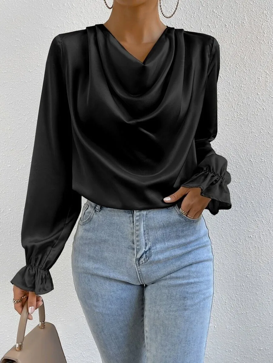 Women Elegant Satin Blouse Cowl Neck Long Sleeve Ruffle Cuff Loose Fit Solid Color Polyester Shirt Top Office Wear