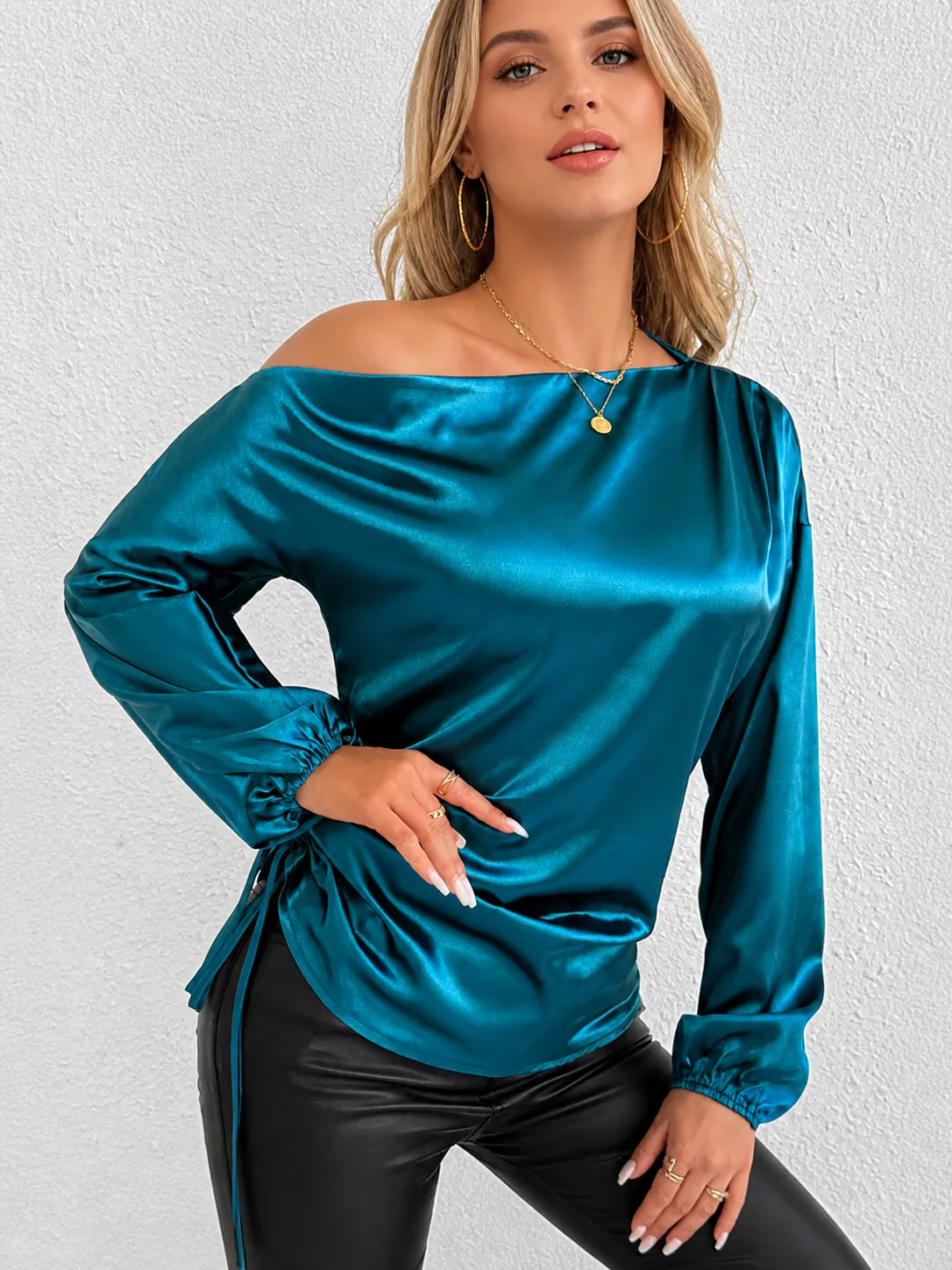 Women Satin One Shoulder Blouse Long Sleeve Ruched Drawstring Side Silk Texture Shirt Casual Party Top For Streetwear