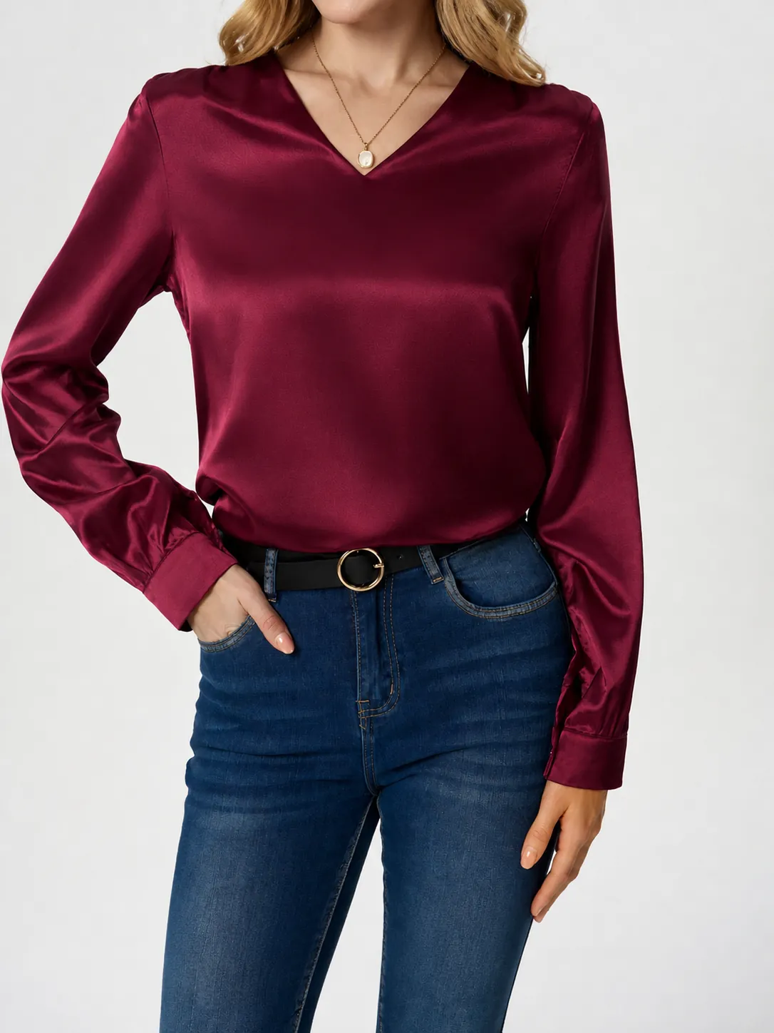 Women Elegant Satin Long Sleeve Blouse V Neck Pullover Polyester Shirt Solid Color Commuter Top For Daily Office Wear