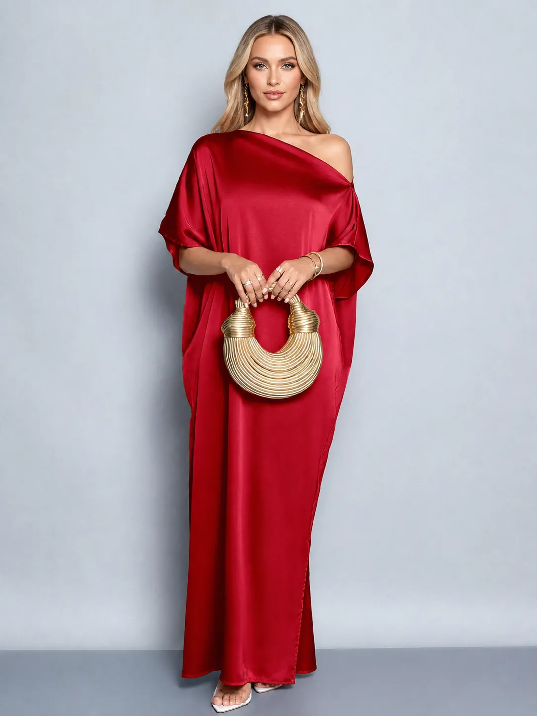 Women Elegant One Shoulder Satin Maxi Dress Solid Color Loose Splicing Banquet Evening Party Gown Dress For Spring