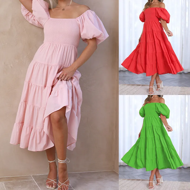 Robe Midi à Épaules Dénudées pour Femmes Nid d'Abeille Manches Bouffantes Volants à Étages Couleur Unie Tulle Été Décontracté