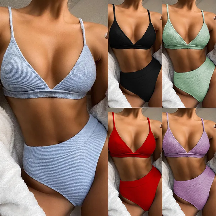 Bikini Parte Superior e Inferior de Talle Alto para Mujer Textura Acanalada Color Sólido Traje de Baño de Dos Piezas