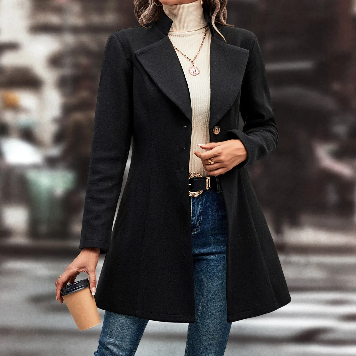Women's Solid Color Lapel Woolen Coat Mid-Long Slim Waist Rabbit Hair Spandex Blend Elegant Autumn Winter Overcoat Top