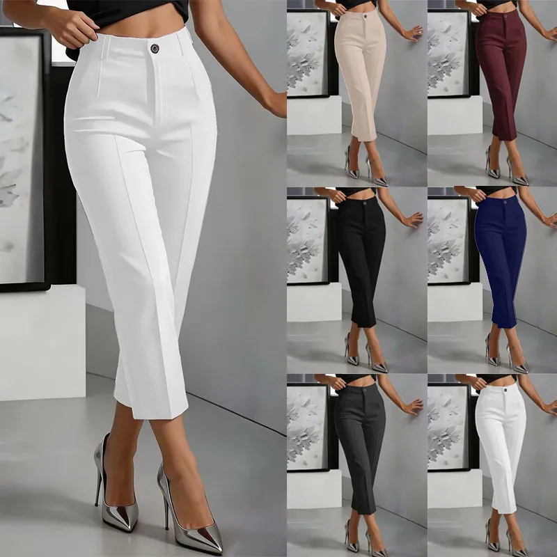 Dames Hoge Taille Slim Fit Pantalon Zakelijk Casual Kantoor Enkellange Broek Effen Kleur Polyester Geklede Broek
