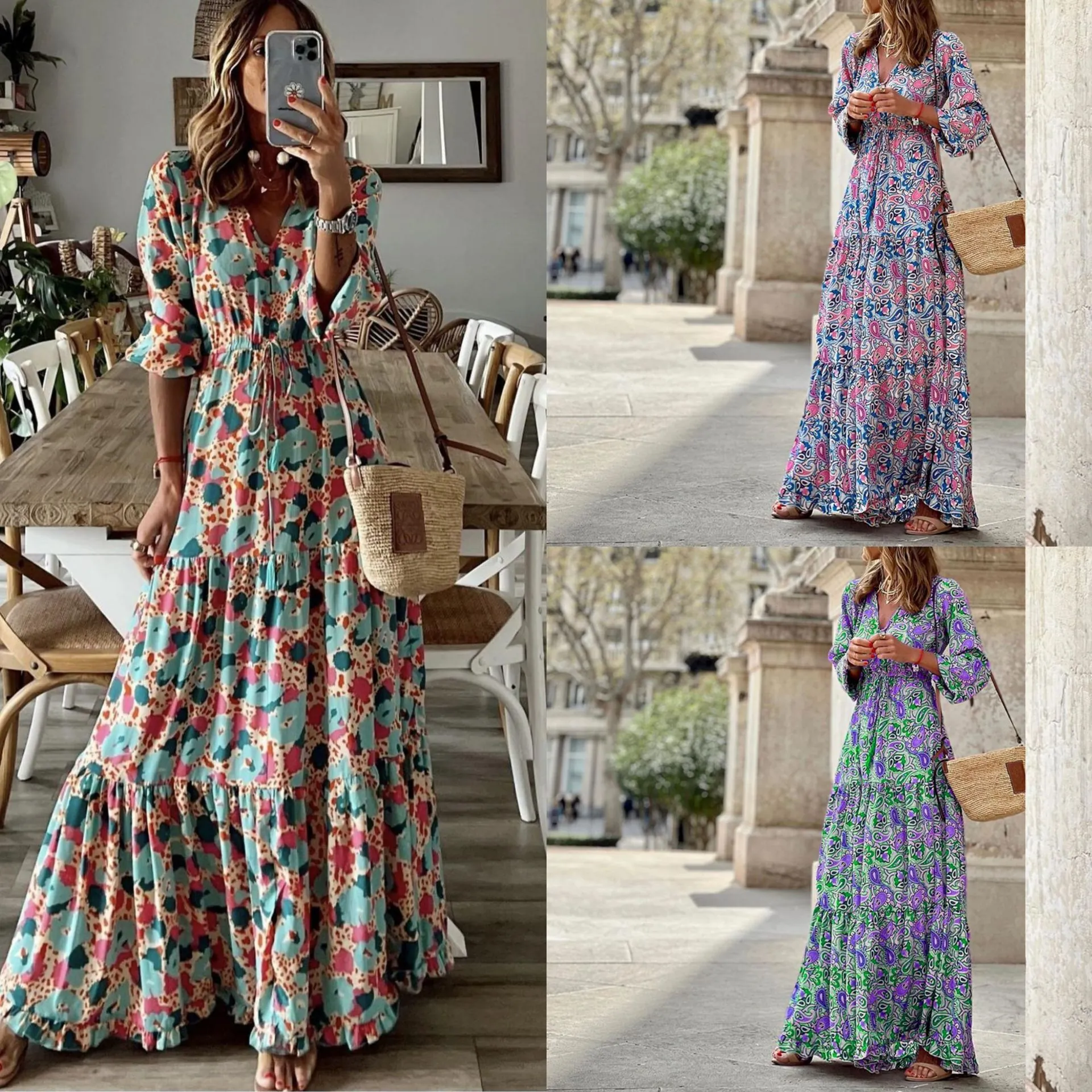 Robe Maxi pour Femmes Imprimé Paisley Bohème Col en V Manches Longues Lien à la Taille Ligne A Jupe à Étages Robe Décontractée