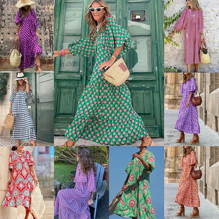 Damen Herbst Geometrisches Patchwork Puffärmel Maxi Kleid Street Style Plus Size V-Ausschnitt Bedrucktes Stufenkleid Boho Freizeitkleid