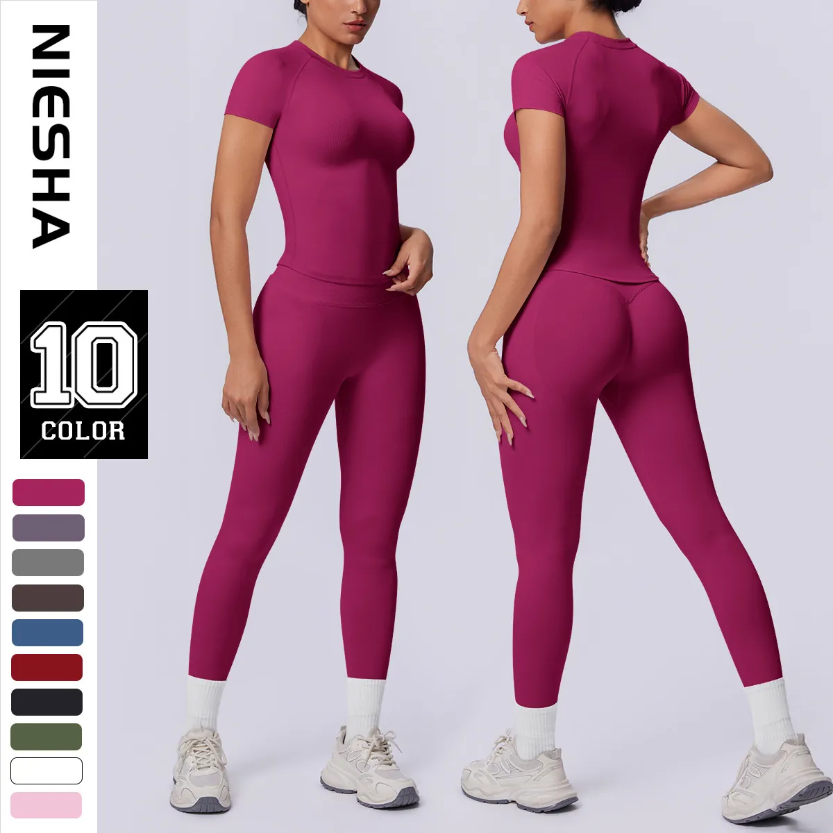 Nahtloses Strick Yoga-Set Damen Kurzarm Top Und High Waist Po-Lifting Leggings Atmungsaktiver Workout Sportanzug