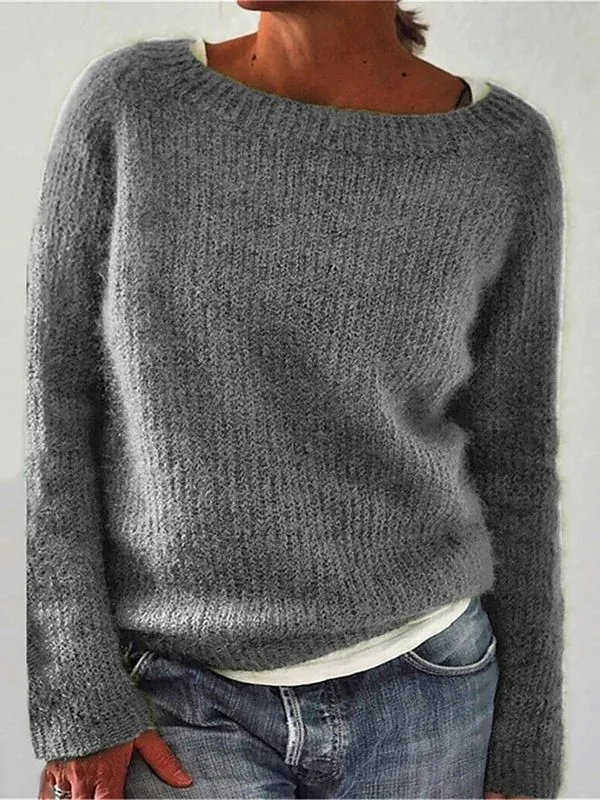 Women's Casual Acrylic Knit Sweater Basic Solid Color Round Neck Long Sleeve Pullover Elegant Slim Fit Knitted Top