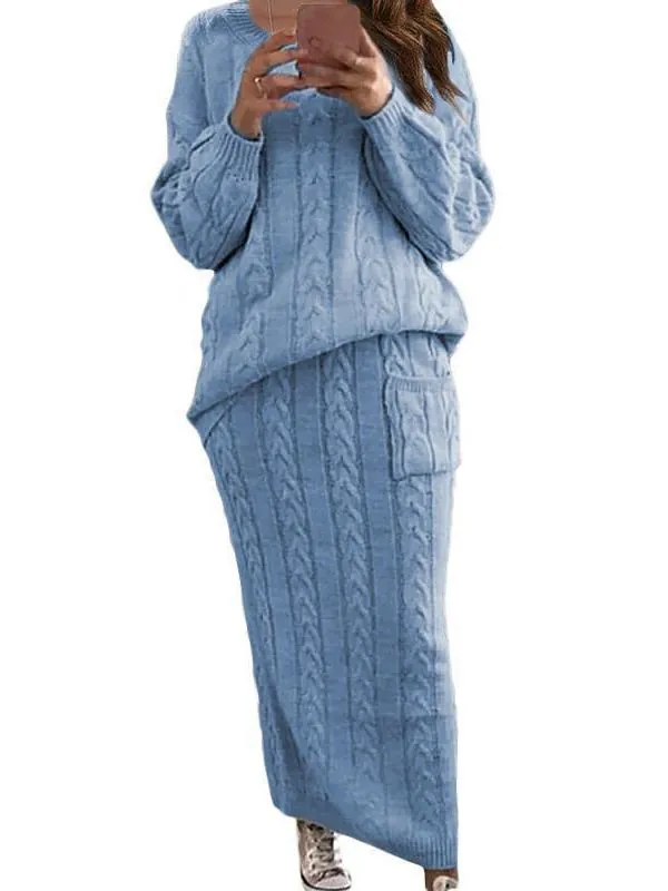 Women Autumn Winter Cable Knit Top And Bottom Set Long Sleeve Round Neck Sweater And Maxi Skirt Patchwork Casual Knitted Suit