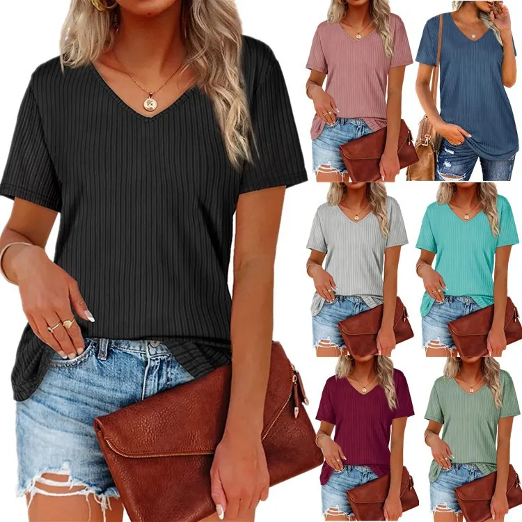 Γυναικείο Μοντέρνο T-Shirt με Λαιμόκοψη V Ριγέ Κοντό Μανίκι Casual Πολυεστερικό Μονόχρωμο Patchwork Τοπ Δυτικού Στυλ Streetwear