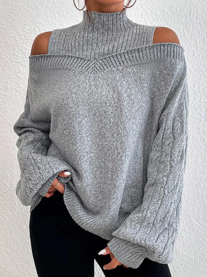 Damen Herbst Winter Stehkragen Schulterfrei Zopfmuster Oversize Pullover Laternenärmel Lockerer Strickpullover Casual Top