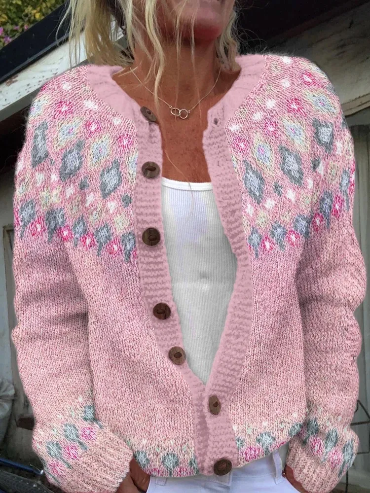 Women's Ethnic Jacquard Knit Cardigan Sweater Vintage Geometric Pattern Round Neck Long Sleeve Button Down Knitwear Top