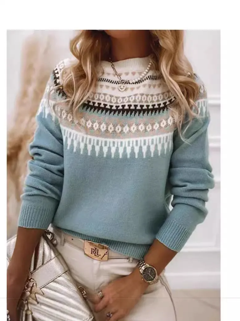 Maglione da Donna in Maglia Fair Isle con Girocollo a Blocchi di Colore Motivo Geometrico Maglia a Maniche Lunghe Morbido Caldo Top in Acrilico