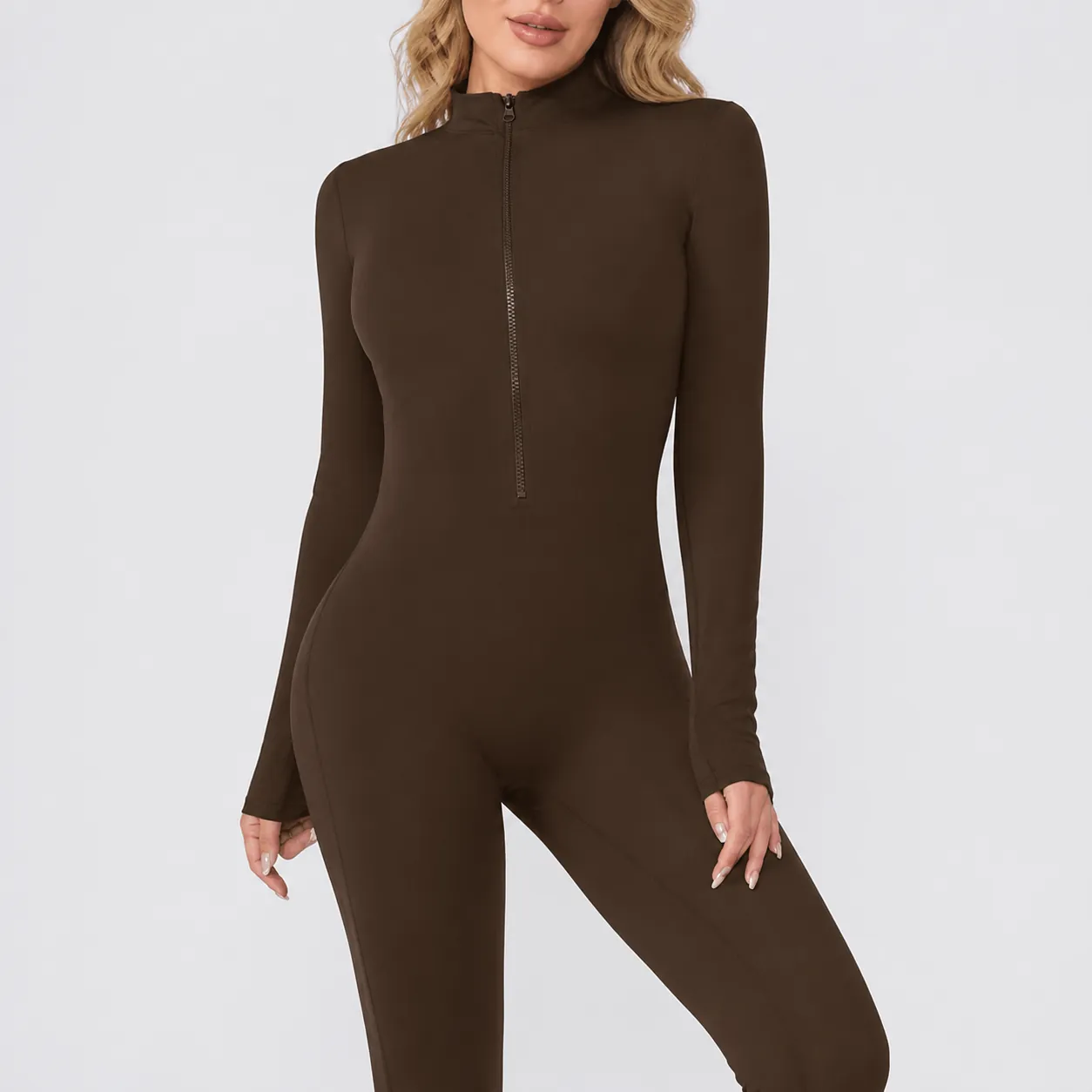 Tuta da Yoga Termica Foderata in Pile da Donna Manica Lunga Body Sportivo Mezza Cerniera Fitness Running Romper Top And Bottom