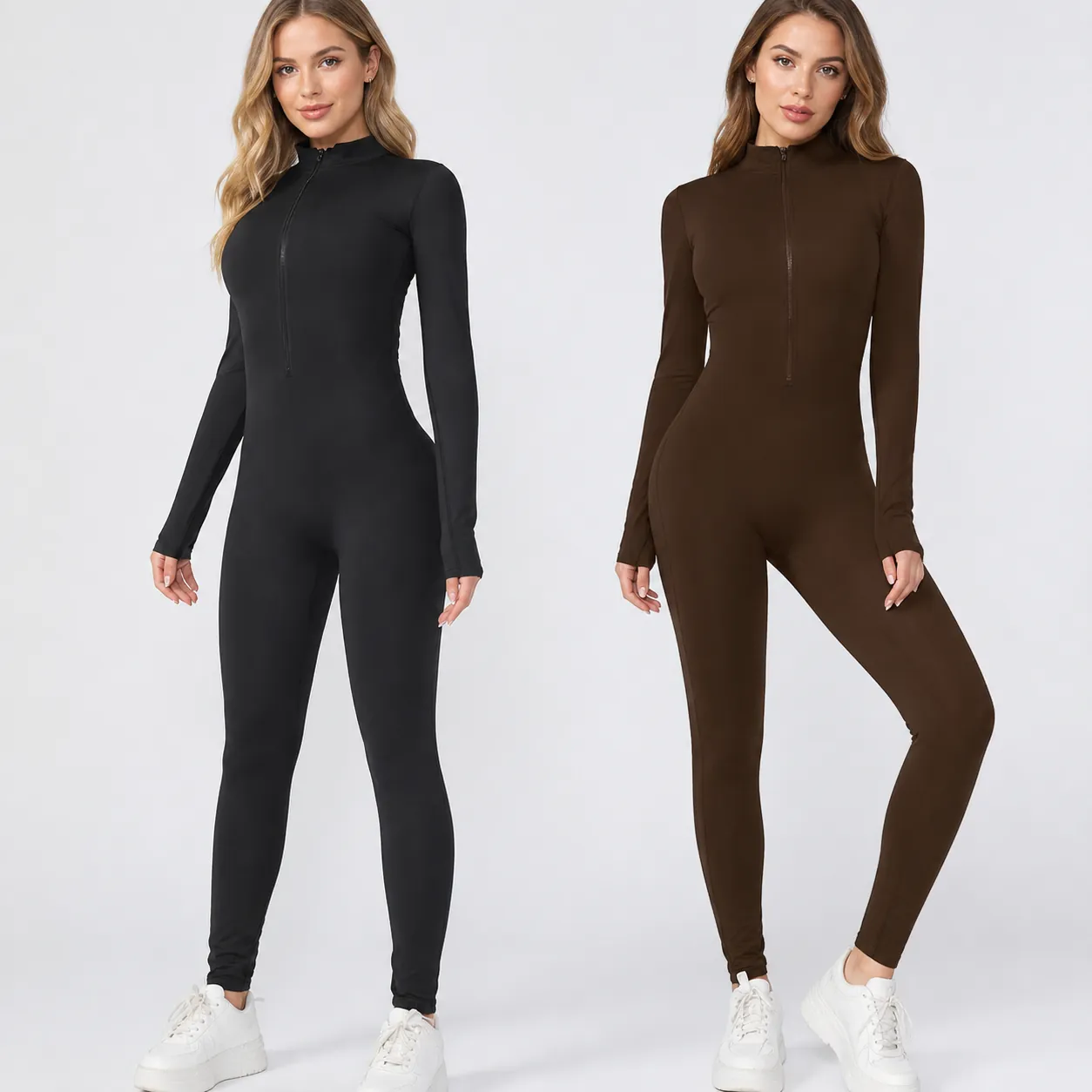Dames Fleece Gevoerde Yoga Jumpsuit Lange Mouw Halve Rits Top And Bottom Winter Thermisch Sport Bodysuit Hoge Elasticiteit