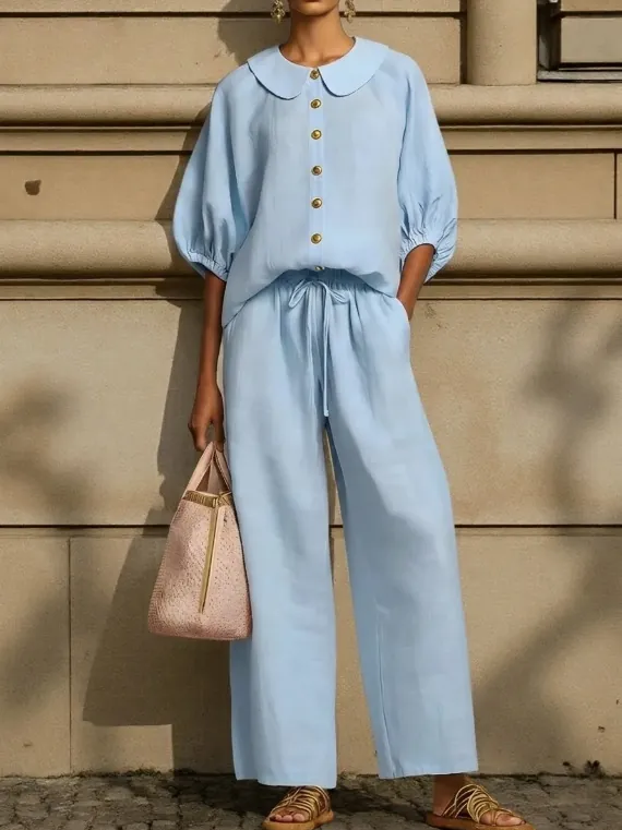 Women's Casual Retro Two Piece Set Lantern Sleeve Peter Pan Collar Top And Drawstring Wide Leg Pants Polyester Outfit