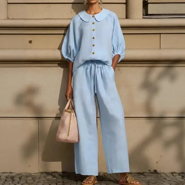 Women Fashion Lantern Sleeve Shirt And Drawstring Wide Leg Pants Top And Bottom Casual Summer Woven Polyester Co-ords Set