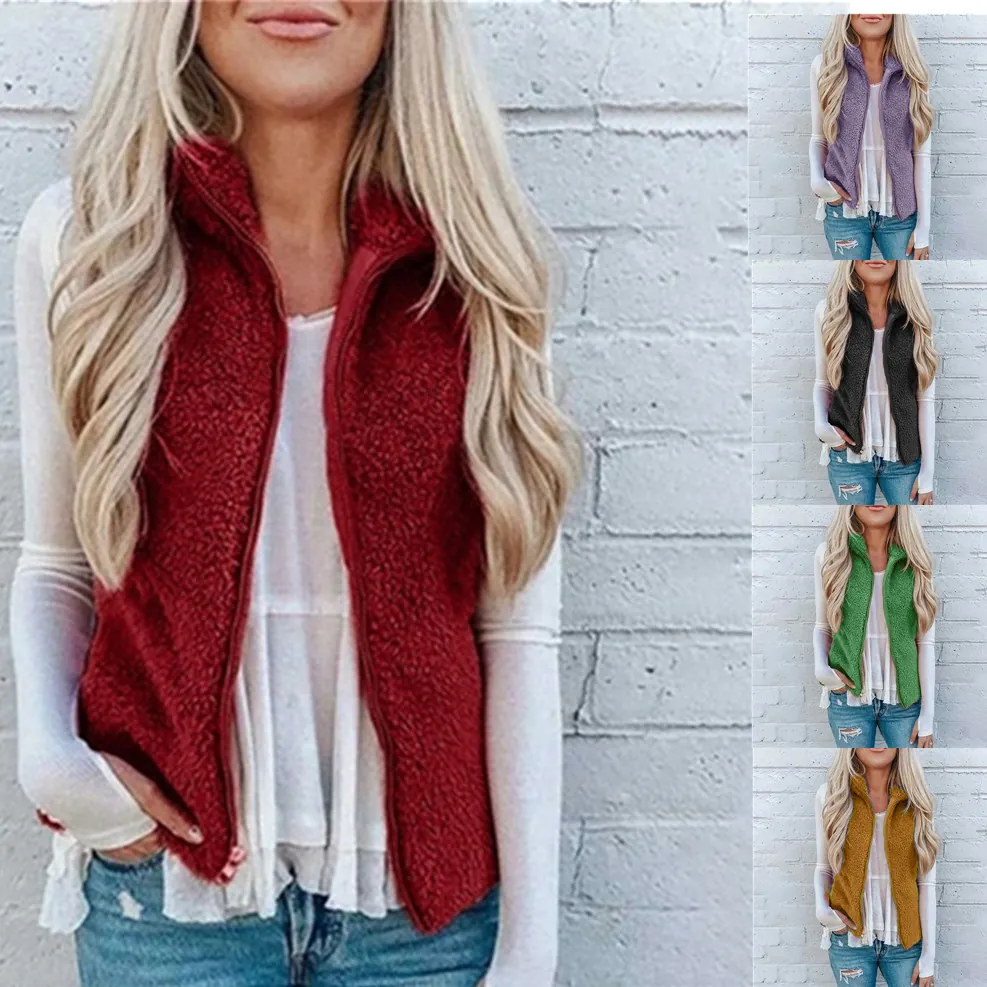 Damen Teddy Fleece Weste Ärmellose Jacke Stehkragen Reißverschluss Taschen Oberbekleidung Winter Herbst Lässiges Warmes Polyester Top