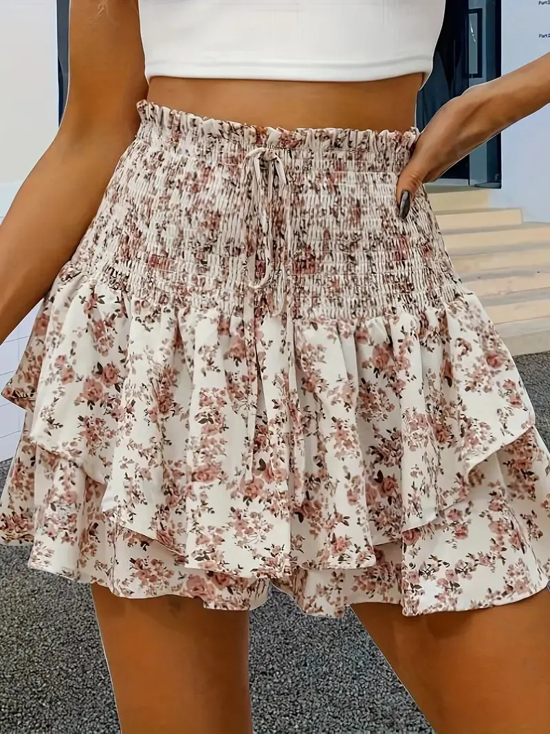 Dames Broekrok met Bloemenprint Hoge Taille Geplooide Ruffle Zoom Gelaagde Shorts Casual Losse Wijde Pijpen Strand Vakantie Zomer Rokbroek