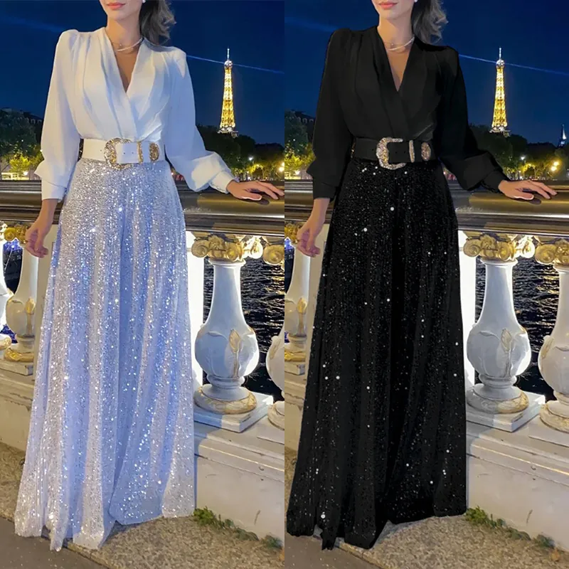 Women Elegant V Neck Long Sleeve Sequin Wide Leg Jumpsuit Patchwork Solid Color Fashion Party Clubwear Romper Jumpsuit