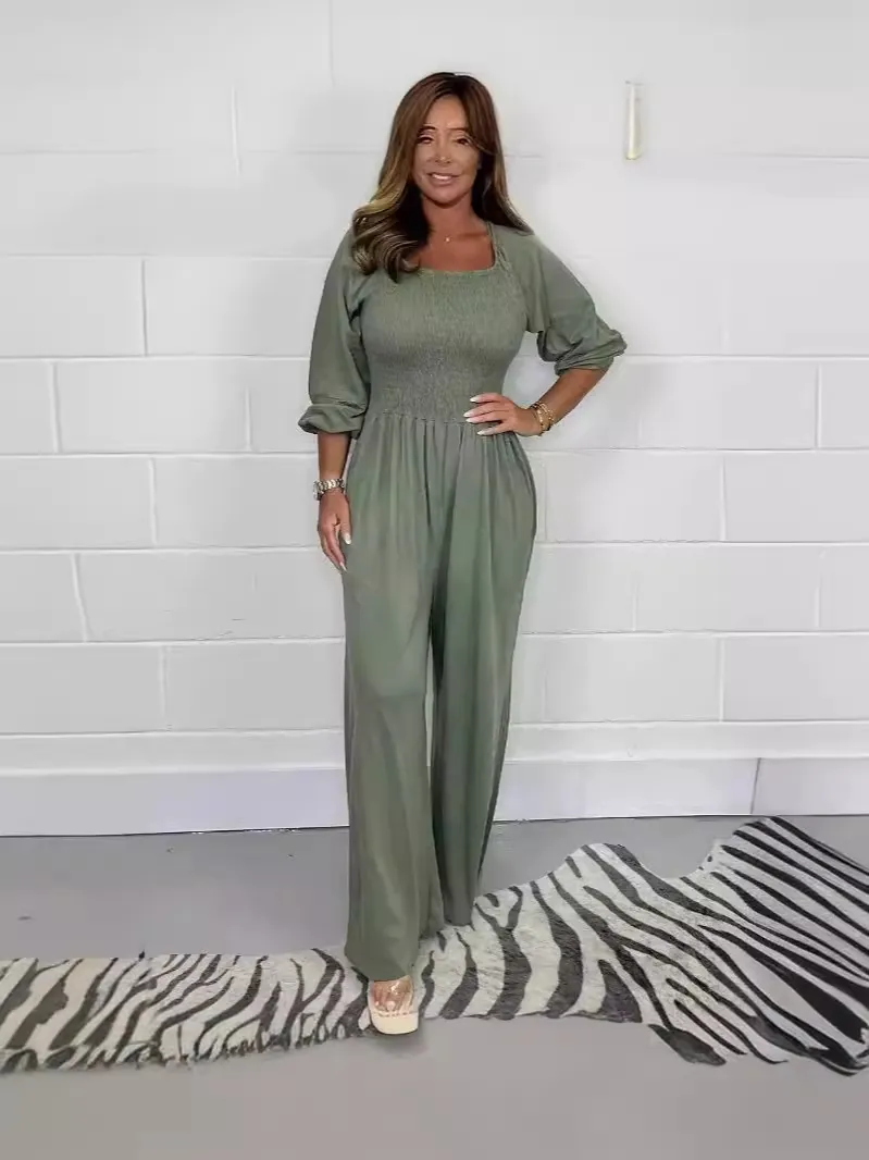 Women Summer Casual Square Neck Smocked Jumpsuit Puff Sleeve Wide Leg Long Overall Elegant Solid Color Fashion Romper