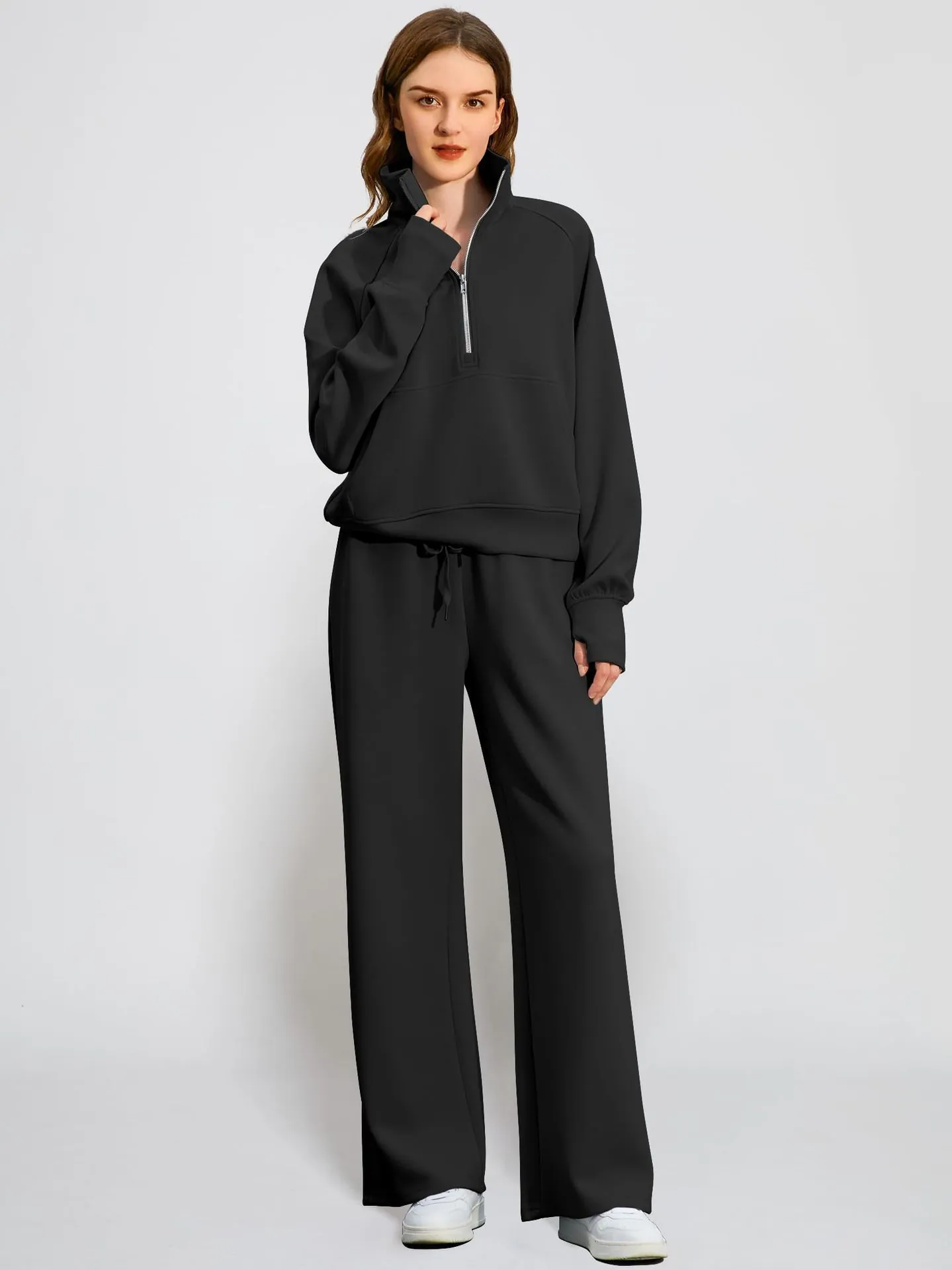 Women Solid Color Half Zipper Sweatshirt And Wide Leg Pants Top And Bottom Casual Sports Pullover Trousers Loungewear Jogger Set