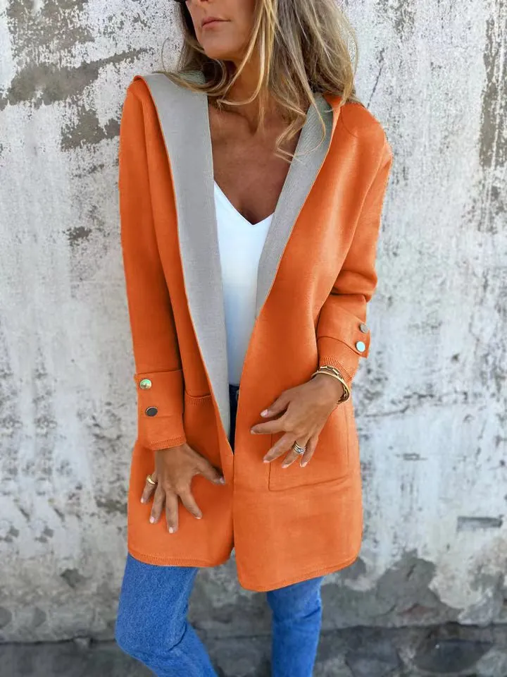 Women Casual Color Block Hooded Cardigan Sweater Mid-length Patchwork Wool Blend Long Sleeve Hoodie Knitwear Jacket Top