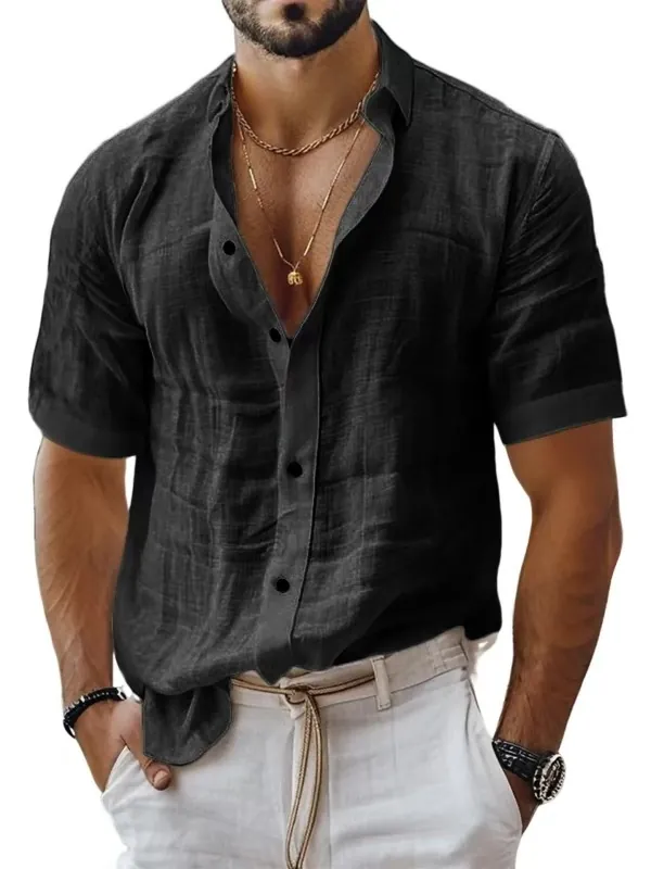 Men's Casual Short Sleeve Linen Shirt Lapel Button Down Solid Color Summer Breathable Top Fashion Basic Cotton Linen Blouse