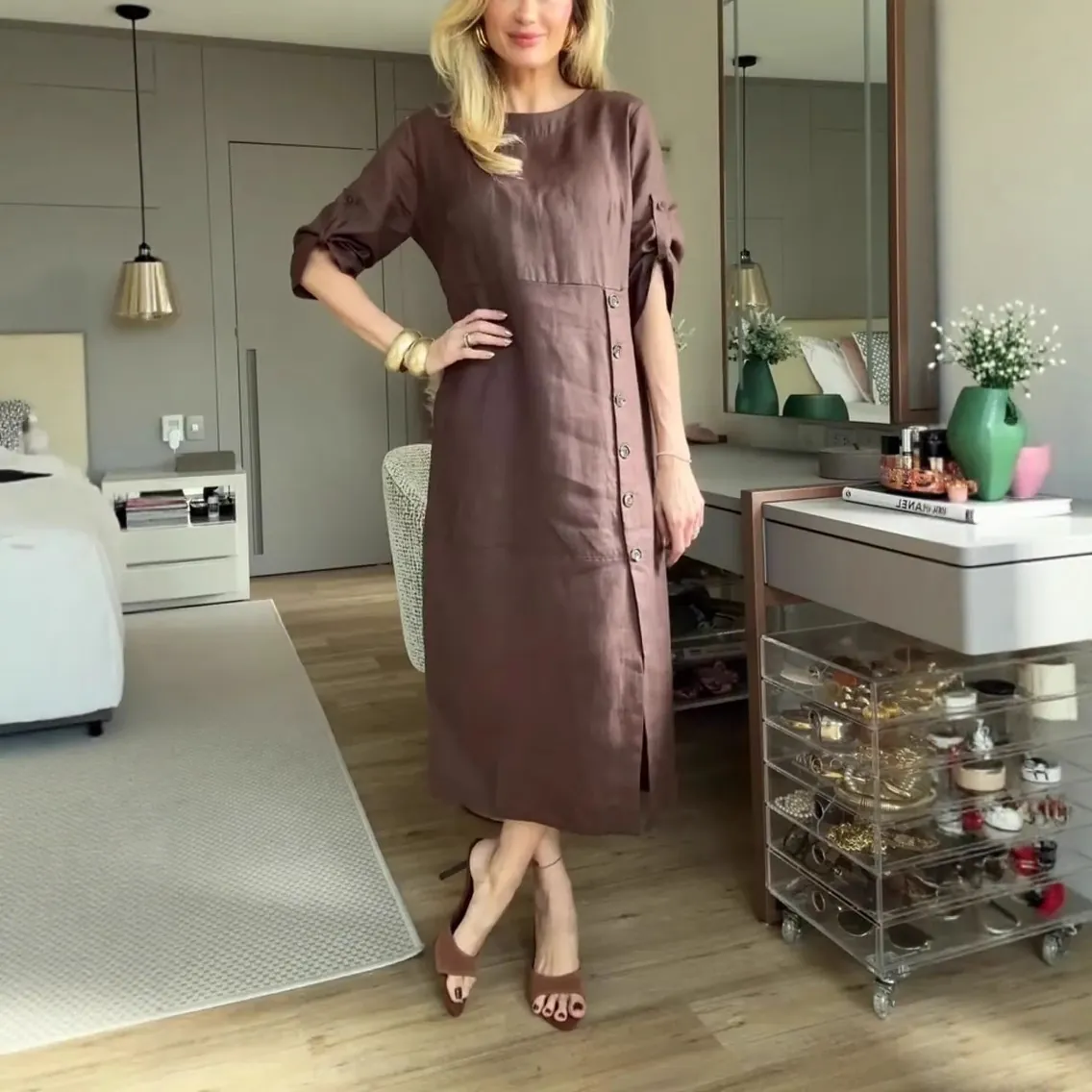 Vestito Donna Casual Manica Corta in Poliestere Tinta Unita Girocollo Largo con Spacco Midi Abito Estate Vacanza Moda