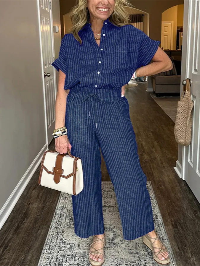 Completo a Righe da Donna Top e Pantaloni Camicia a Maniche Corte con Bavero Pantaloni a Gamba Larga in Poliestere