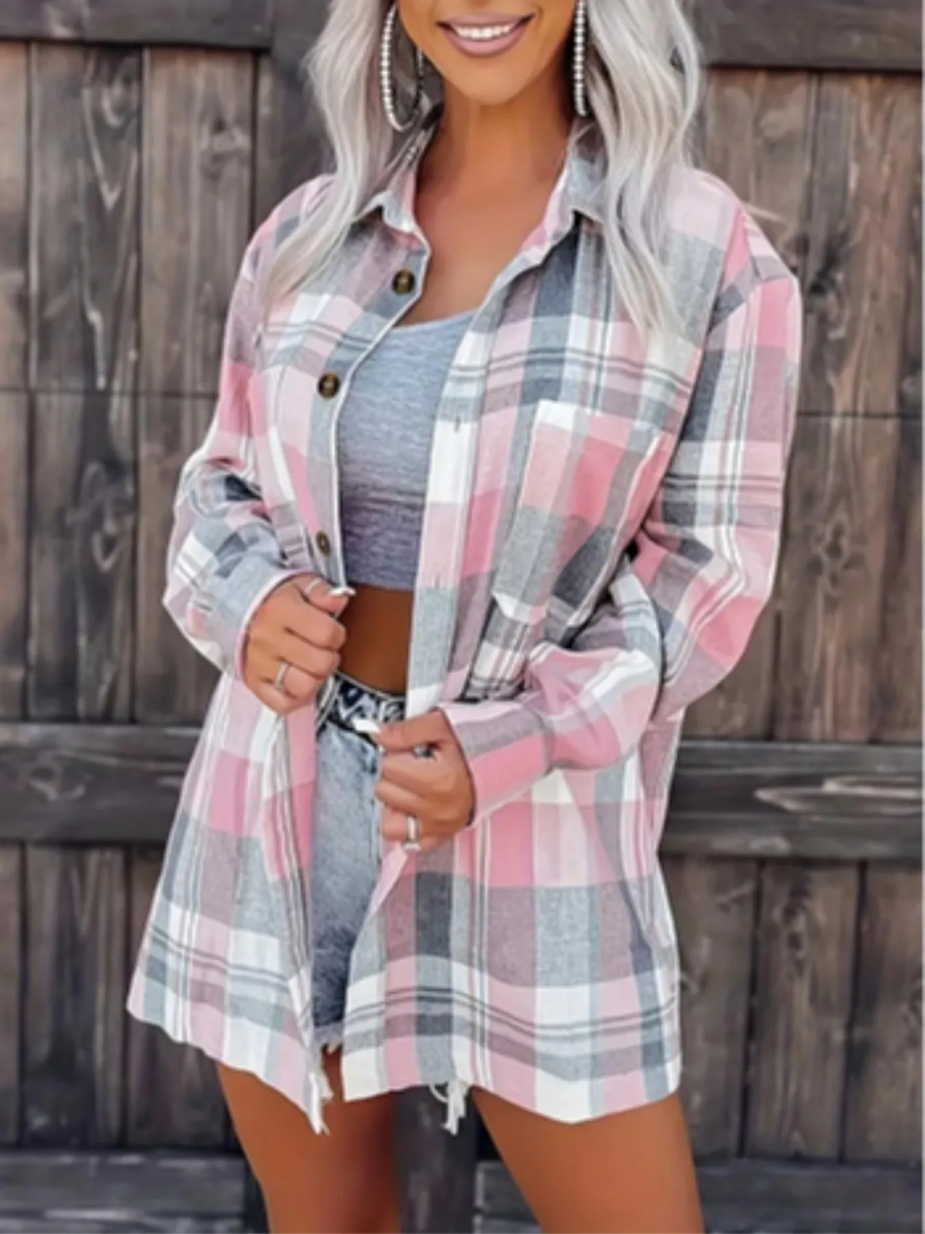 Dames Plaid Overhemdjack Halflang Knopen Casual Losjes Lange Mouwen Top Herfst Elegant Outwear