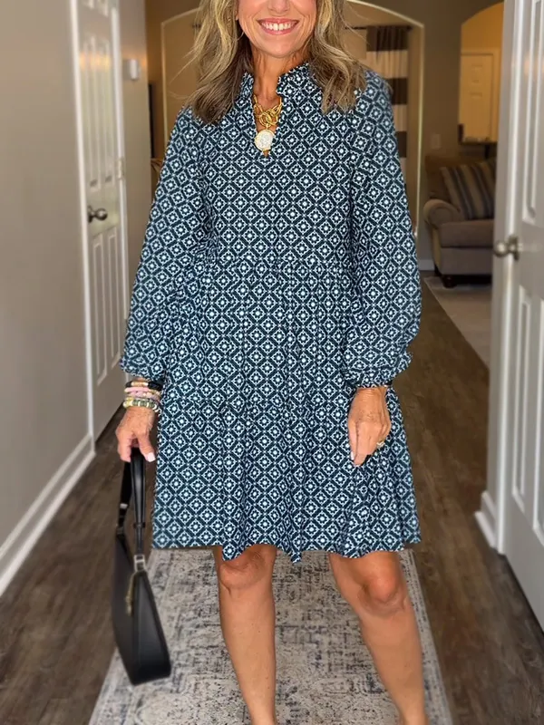 Women's V Neck 3/4 Sleeve Diamond Print Tiered Midi Dress Elegant Geometric Pattern Layered Hem Casual Loose Fitting Tunic Dress