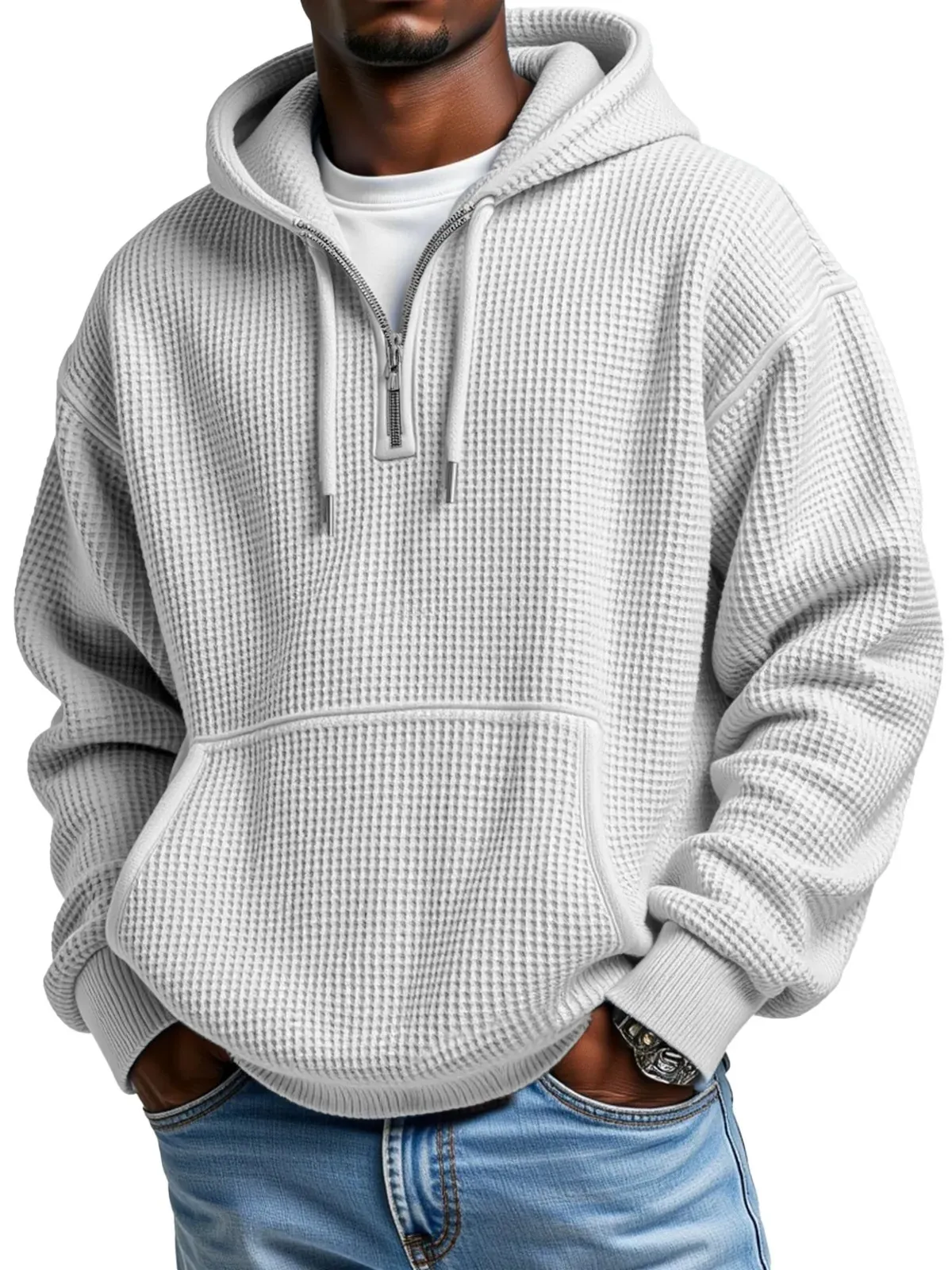 Sudadera con Capucha de Punto de Gofre para Hombre Vintage Media Cremallera Casual Holgada Manga Larga Top Moda de Otoño Streetwear