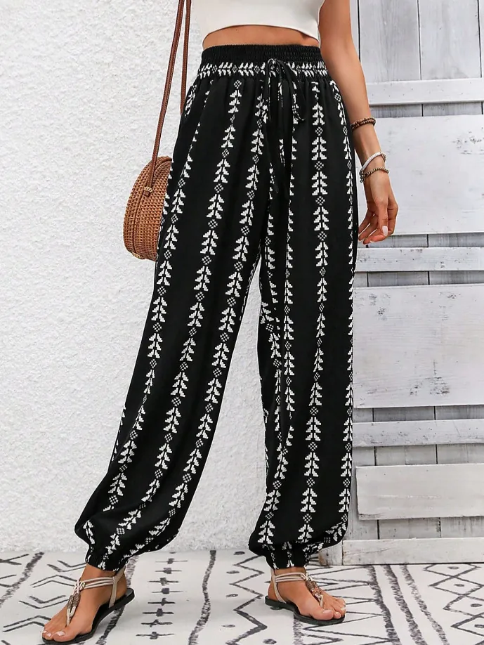 Women's Bohemian Geometric Print Lantern Pants Smocked High Waist Drawstring Casual Harem Pants Vacation Bottoms