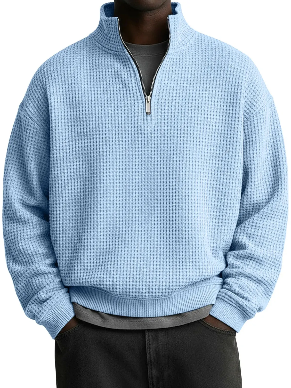 Men Quarter-Zip Waffle Knit Sweatshirt Loose Fit Stand Collar Solid Color Long Sleeve Pullover Casual Top