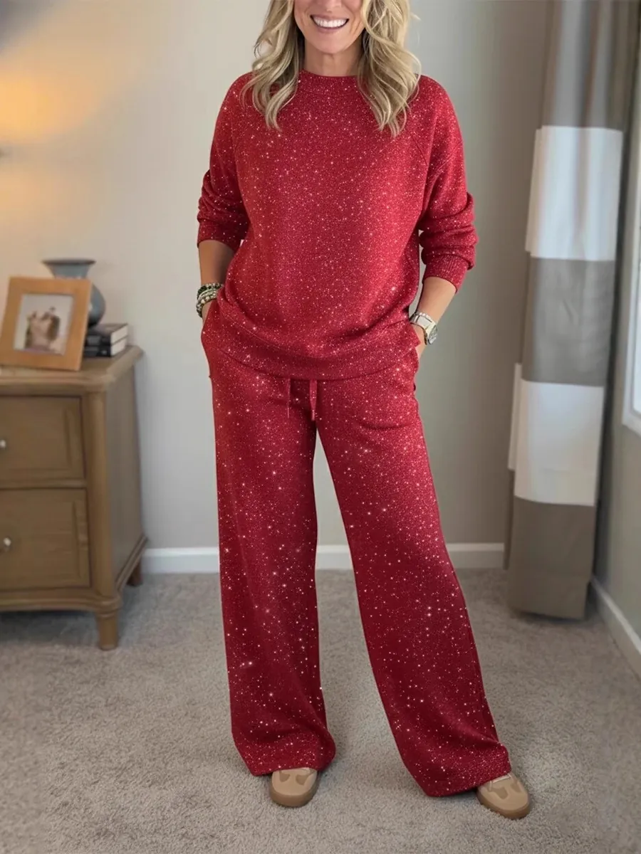 Conjunto Casual de Lentejuelas Brillantes de Navidad para Mujer Top de Manga Larga con Cuello Redondo y Pantalones Anchos con Cordón